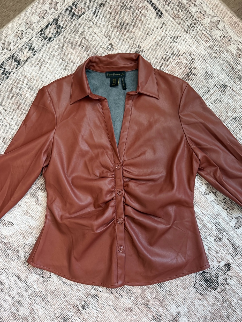 House of Harlow 1960 Brown Vegan Leather Long Sleeve Ruched Collared Top